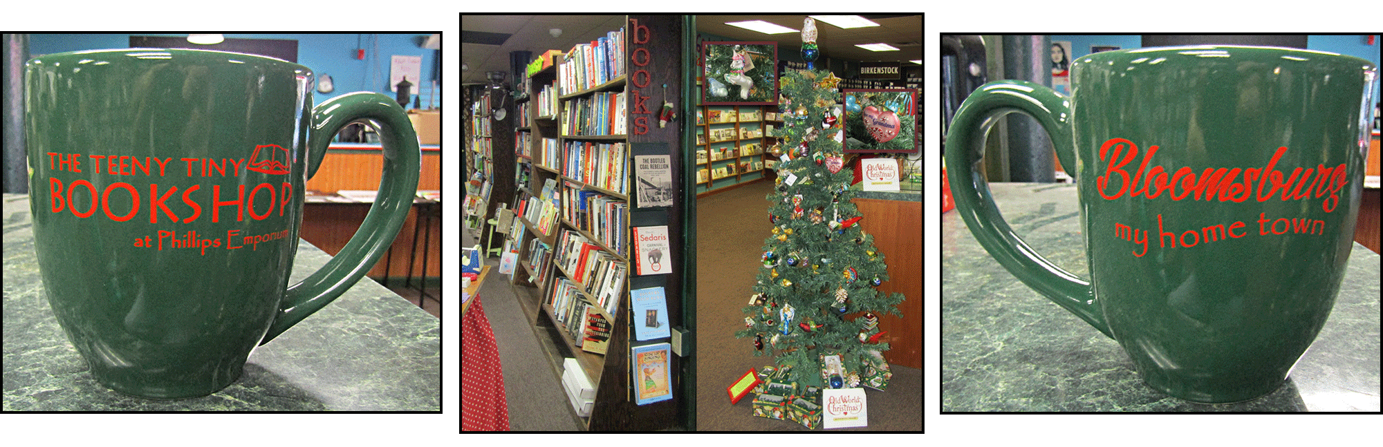 2 Cups , bookshop and Christmas tree with ornaments